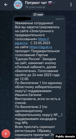 В чате сотрудников "Патриота" руководство просило проголосовать за конкретного кандидата на праймериз "Единой России"